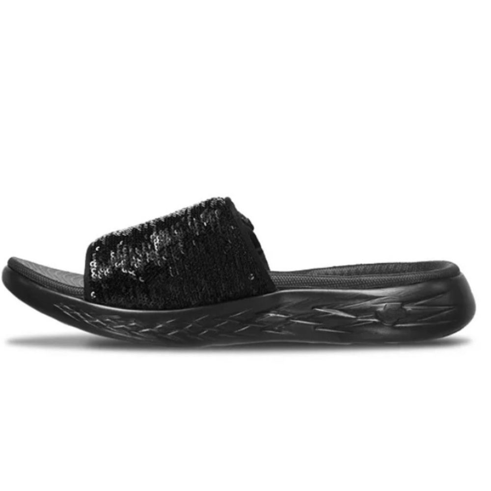 SKECHERS BLACK SEQUIN SLIDE SANDAL - Picture 6 of 9